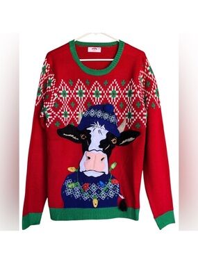 Holiday Time Sweater Mens Large Red Christmas Cow Ugly Novelty